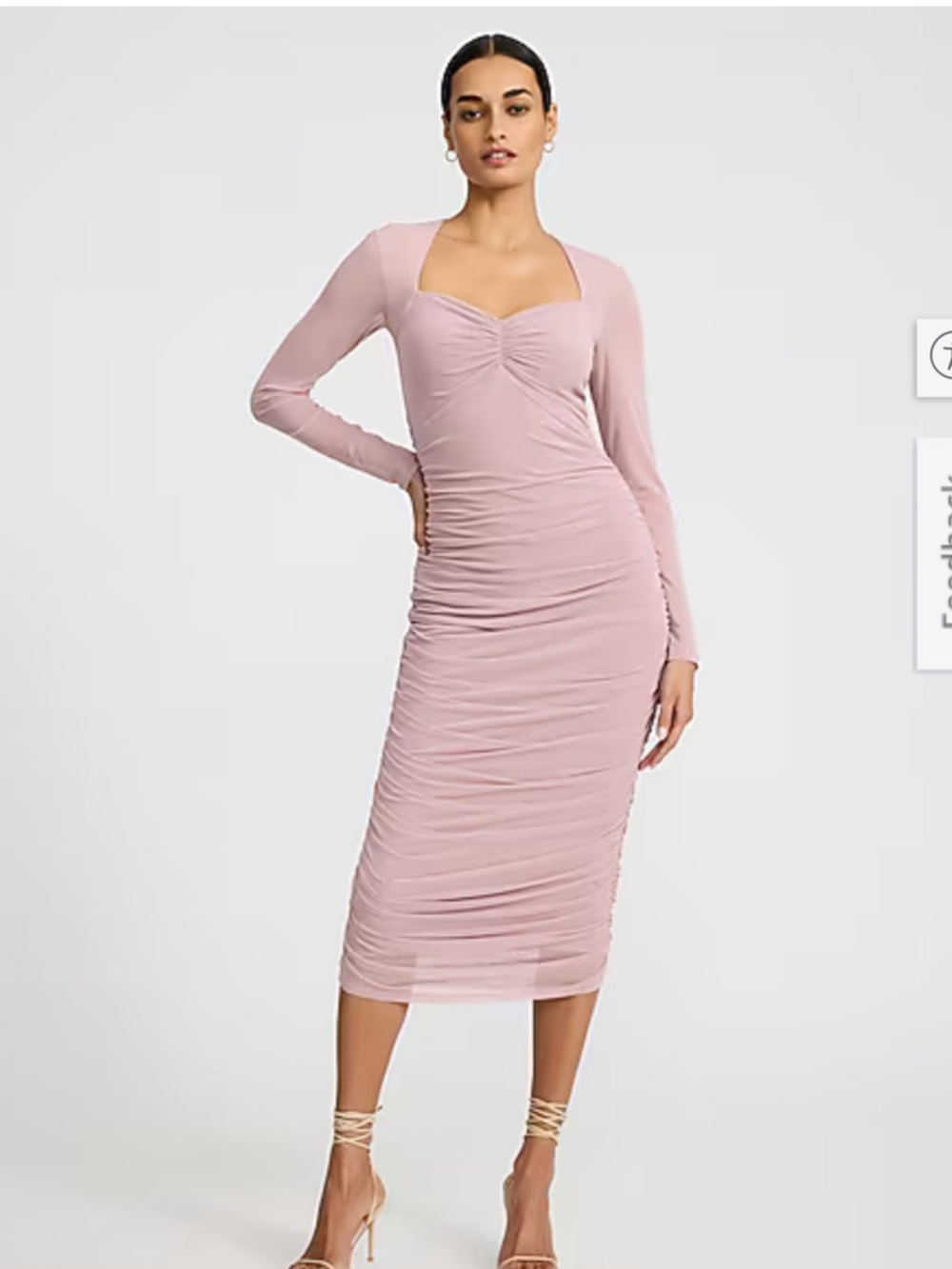 Ruched Long-Sleeve Midi Dress in Dusty Pink